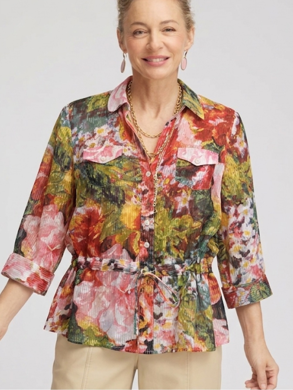 Chico's size 1 silk floral peplum tie waist Button-Front Drawstring Blouse
